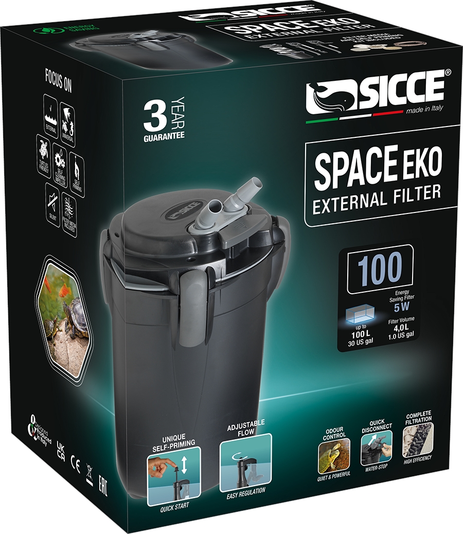 SICCE Vnější filtr Space EKO+ 100, 550 l/h, pro akvária do objemu 100 l, s filtračními náplněmi