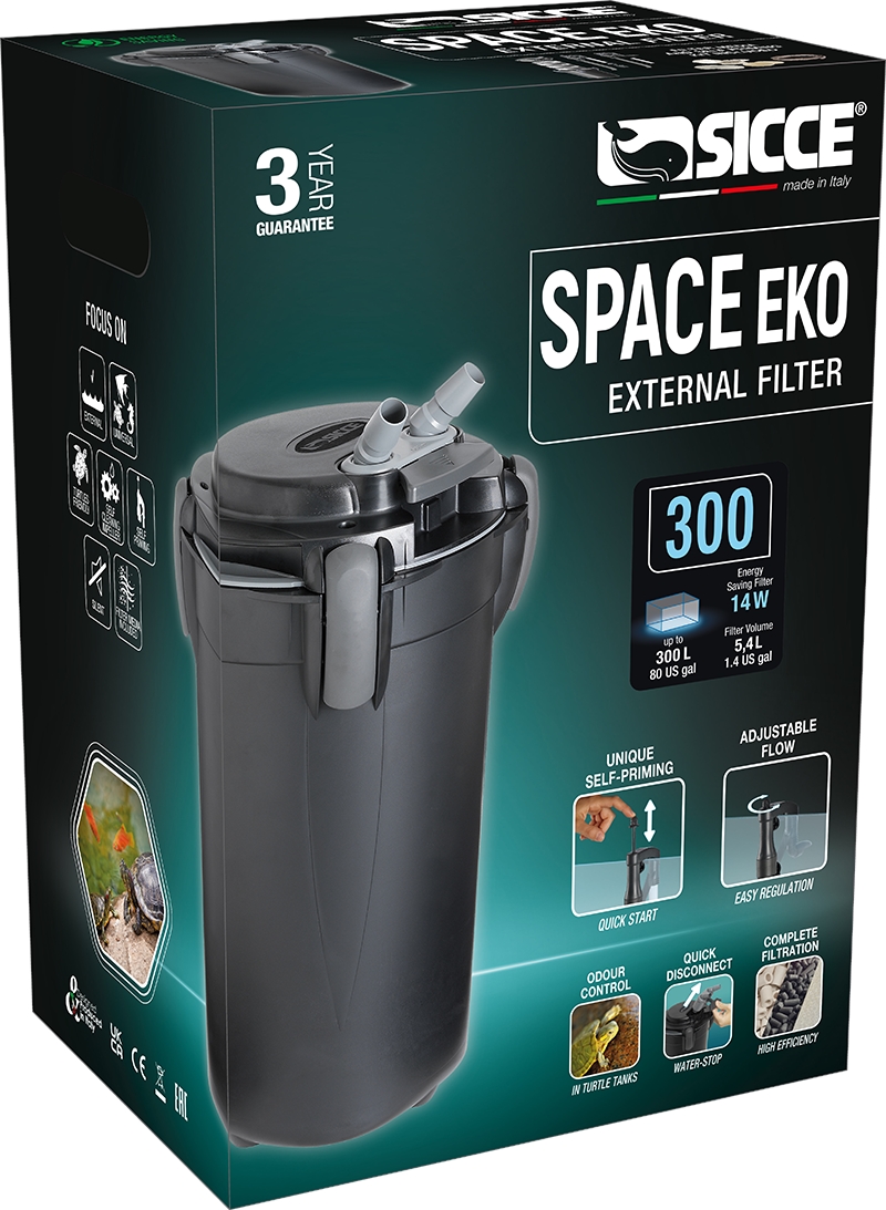 SICCE Vnější filtr Space EKO+ 300, 900 l/h, pro akvária o objemu 200-300 l, s filtračními náplněmi