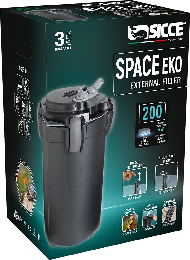 SICCE Vnější filtr Space EKO 100, 550 l/h, pro akvária do objemu 100 l, s filtračními náplněmi